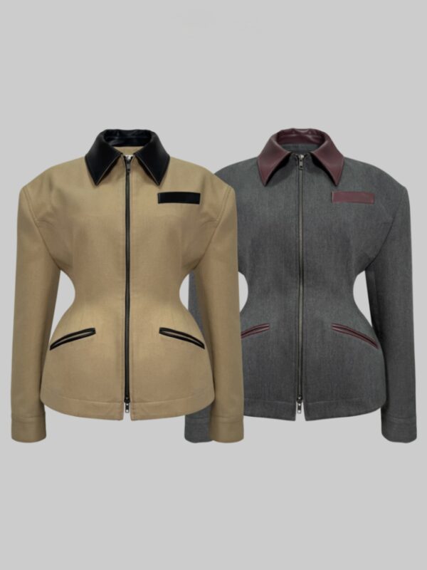 Veste Utilitaire Sculptée Beige avec Détails Cuir