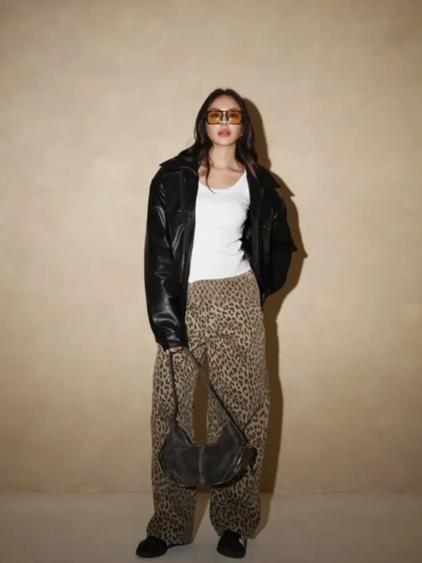 Leopardenmuster Weithose Jeans